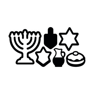 Hanukkah holiday line icons set, Jewish festival of lights symbols, black vector silhouettes of menorah, dreidel, star of David, and sufganiyah