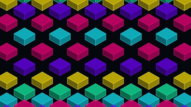 High-definition seamless geometric morphing background loop featuring isometric penrose illusion geometry staircase loop with vibrant cyberpunk color theme. Ideal for VJ visuals, stage screens,