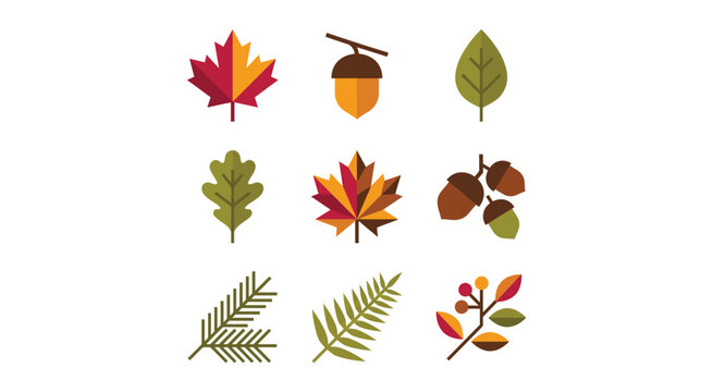 Leaves and acorns vector set with autumnal colors and geometric shapes. fall foliage design elements