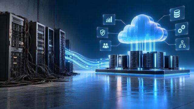 Cloud computing and data center infrastructure with server racks, glowing data streams, and technology service icons