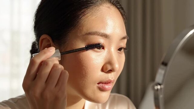 Asian woman applying mascara on eyelashes looking in mirror at home. Morning beauty routine and skincare ritual. Female face closeup with makeup brush near eye