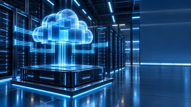 Cloud computing concept with glowing data connections to server racks in a modern data center environment