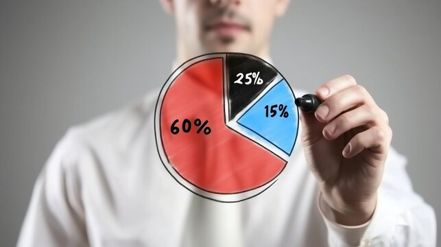 Young Businessman Drawing a Colorful Pie Chart with Percentages on a Glass Window in an Office, Focused on the Graph, Illustrating an Idea Sketched with a Black Marker on a Glass Screen

