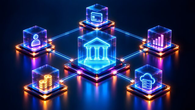 Futuristic digital finance network with glowing interconnected cubes representing banking, user, credit, data, and cloud services