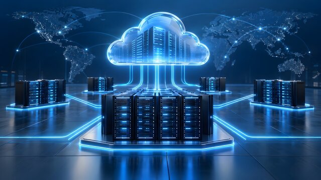 Global cloud computing network with data centers and illuminated server racks