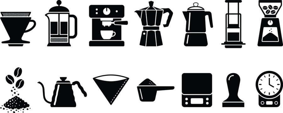 Set of black icons representing various coffee brewing equipment and tools