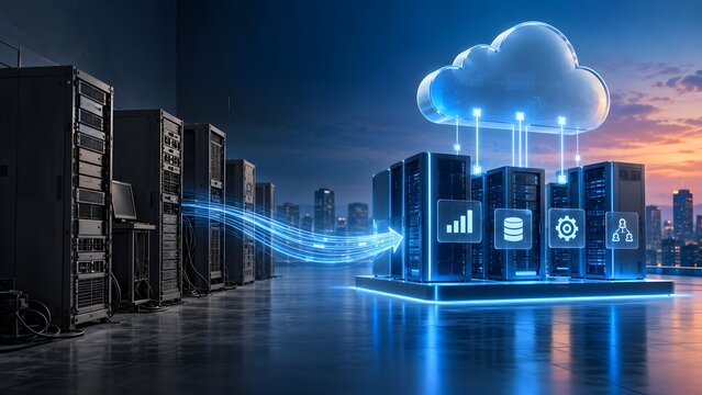 Modern cloud computing concept with data flowing between server racks and digital icons in a futuristic data center