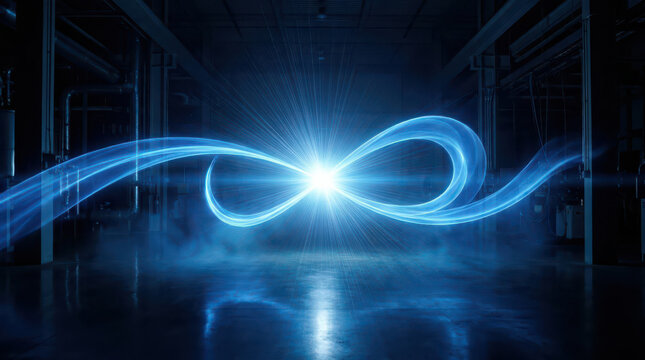 Futuristic glowing blue infinity loop with flowing light trails in dark industrial space, abstract energy and digital technology background representing innovation, connection infinite possibilities