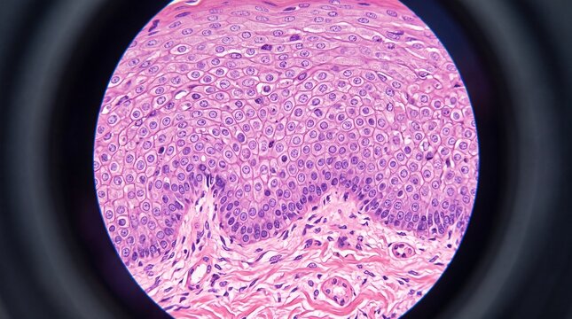 Microscopic view of human skin tissue showing epidermis and dermis layers, with detailed cell structure, used in dermatology science and medical research