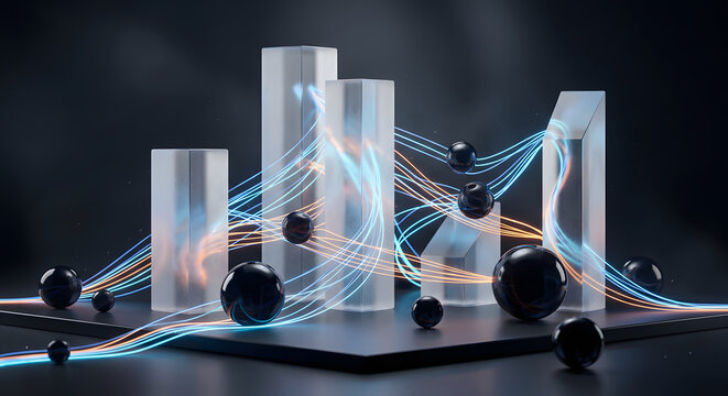 Digital Data Network Concept Featuring Glowing Threads and Polished Obsidian Spheres