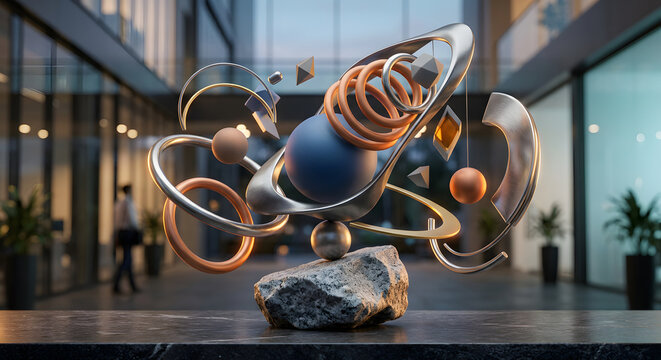Modern Architectural 3D Art Featuring Floating Metallic Arches and Spheres in Corporate Office