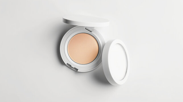 Compact face powder makeup in a white case on a light background