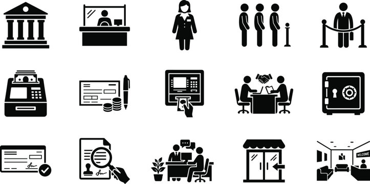 Set of flat black banking and finance related vector icons for web and graphic design projects