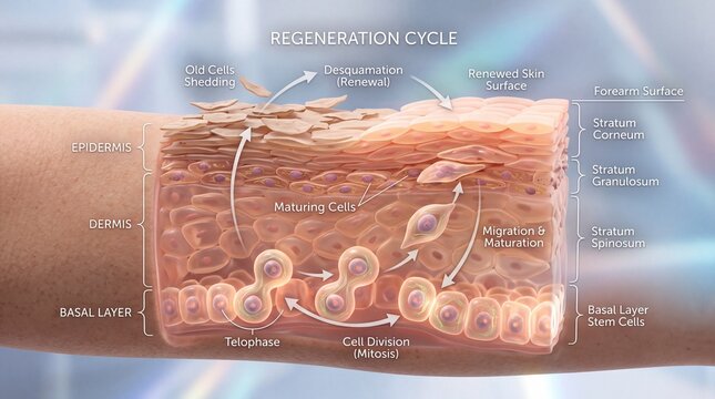 Skin cell regeneration cycle showing old cells shedding desquamation renewed skin surface maturing cells cell division and migration through epidermis dermis and basal layer