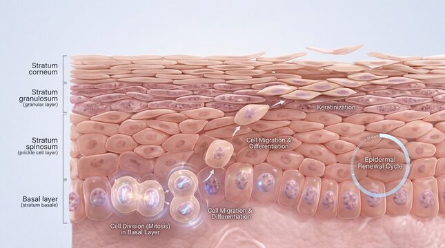 Skin cell regeneration process showing epidermal layers including stratum corneum stratum granulosum stratum spinosum and basal layer with cell division migration and differentiation
