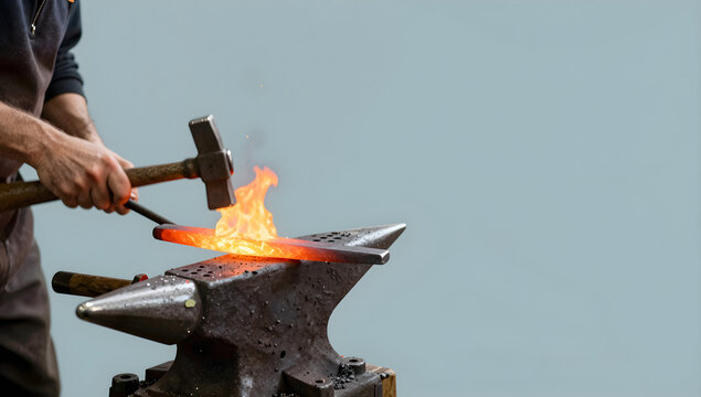 Blacksmith hammering hot glowing metal on an anvil