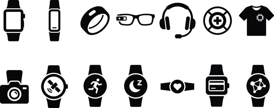 Set of black icons representing wearable technology and smart electronic devices