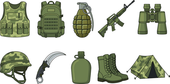 Military Combat and Tactical Equipment Vector Icon Set Featuring Camouflage Flak Jacket, Backpack, Grenade, Assault Rifle, Binoculars, Helmet, Karambit Knife, Canteen, Combat Boots