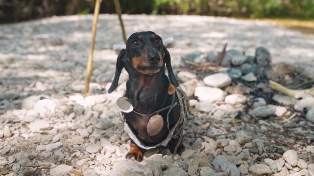 A black and tan dachshund dog wearing a fur costume and shell necklace balances a bone on its head on a pebble riverbank, a playful concept of ancient domestication.