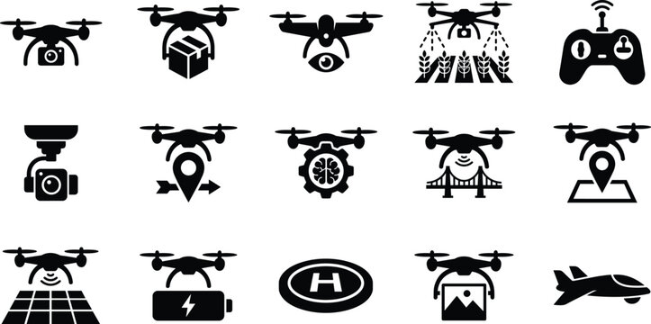 Set of black drone technology icons featuring various quadcopter functions and remote control systems