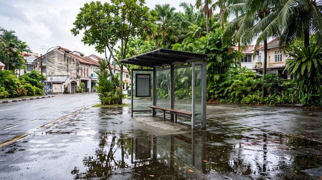 Empty Bus Stop After Rain