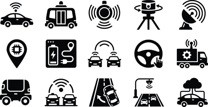 Set of black icons representing autonomous vehicles and smart transportation technology