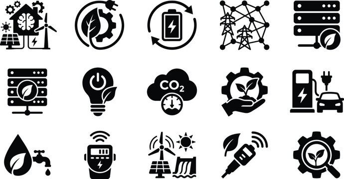 Set of clean minimalist vector icons representing sustainable energy green technology and environmental conservation concepts
