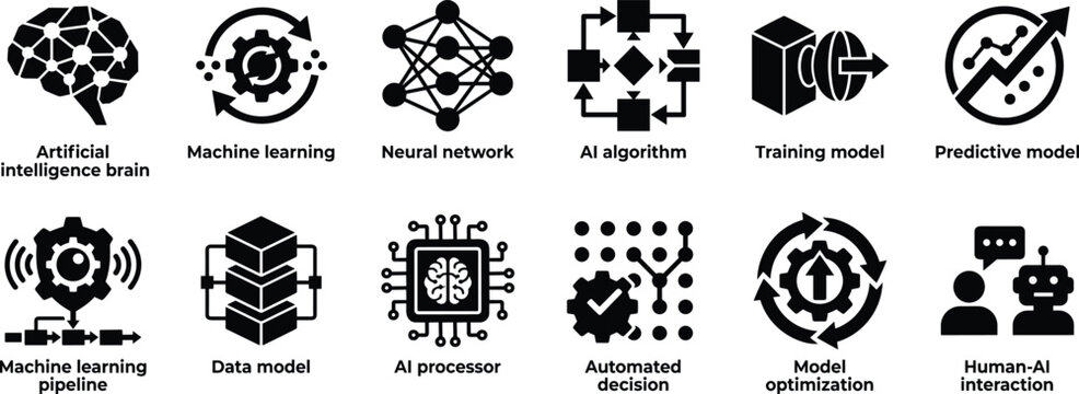Set of black icons representing artificial intelligence concepts and machine learning technologies