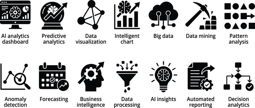 Set of black icons representing artificial intelligence and data analytics concepts for business and technology reporting