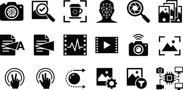 Set of diverse digital media and photography technology black glyph icons