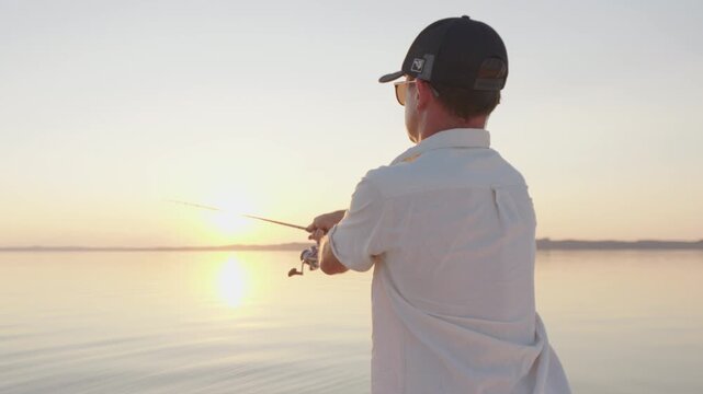 Young man fishing on the river during sunset and casts a lure
