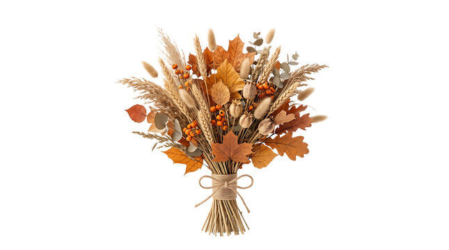 Rustic autumn bouquet with dried leaves wheat berries and natural foliage for Halloween harvest decoration isolated on transparent background
