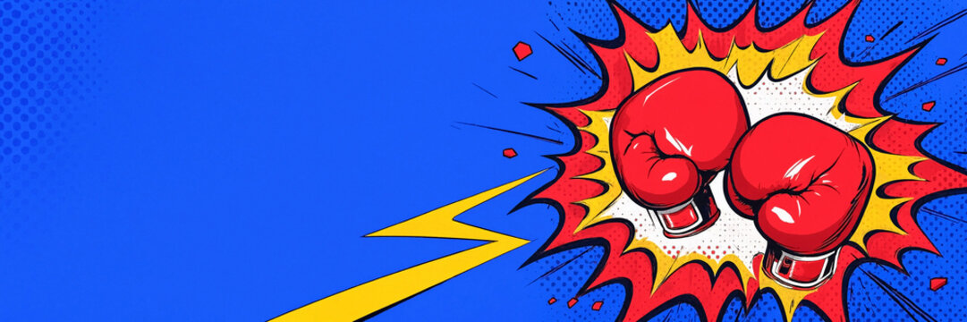 Red boxing gloves collide inside a colorful comic book explosion on a blue background, conveying impact, action, and competitive energy.