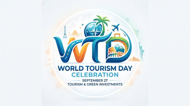World Tourism Day Logo and Travel Celebration Design with Globe, Airplane and Landmark Symbols