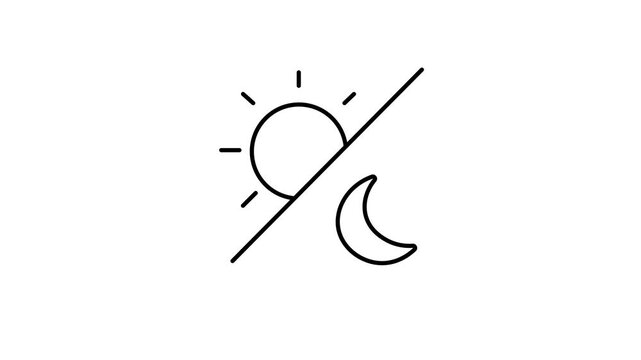 Minimalist 2D line art animation on a solid white background divided diagonally. Starting from a blank canvas, a sun icon with radiating rays fades in on the top-left section.