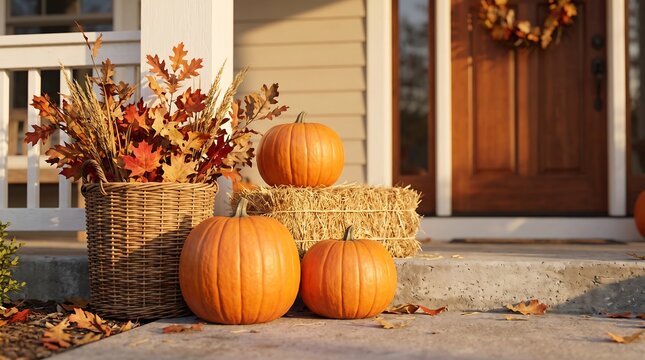 Rustic autumn porch decor featuring bright orange pumpkins and fall leaves in a woven basket wicker basket orange pumpkin fall foliage hay bale front door pumpkins
