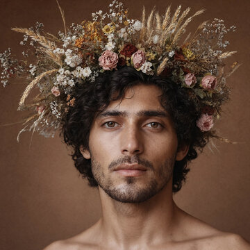 Young man with curly hair wears a large dried flower crown in a close-up portrait against a warm brown background, blending natural beauty and bohemian style.
