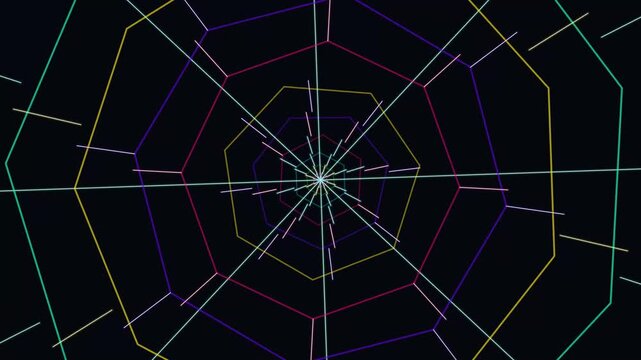 High-definition seamless geometric morphing background loop featuring geometric warp grid matrix tunnel perspective loop with vibrant cyberpunk color theme. Ideal for VJ visuals, stage screens,