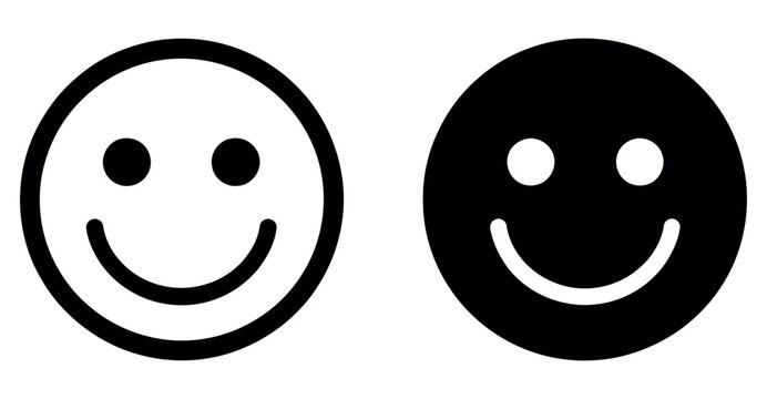 Minimalist black and white smiley face icons, happy emotion symbols with positive expression.