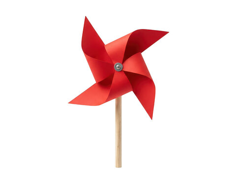 A bright red paper pinwheel toy on a wooden stick