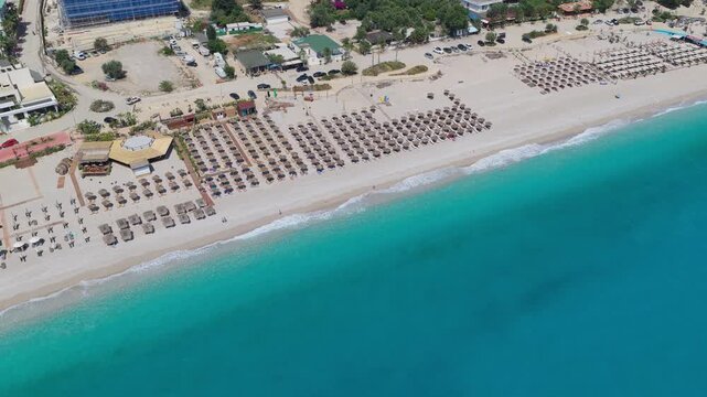 Aerial view of Dhermi beach with turquoise waters, Albania.
