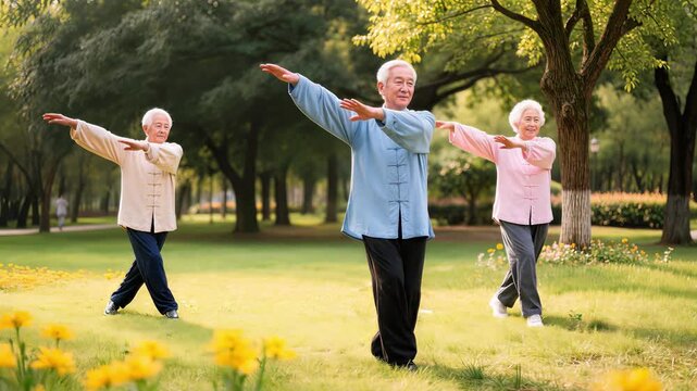 Senior Asian people practicing tai chi in public park. Group of elderly friends performing synchronized martial arts movements during morning exercise. Panning wide shot.