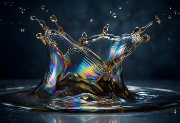 Obraz premium Purity and environmental pollution concept, iridescent oil spill splash with rainbow refraction in dark water for chemical and ecological research