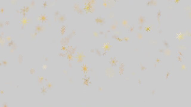 Golden snowflakes falling down on a light gray background