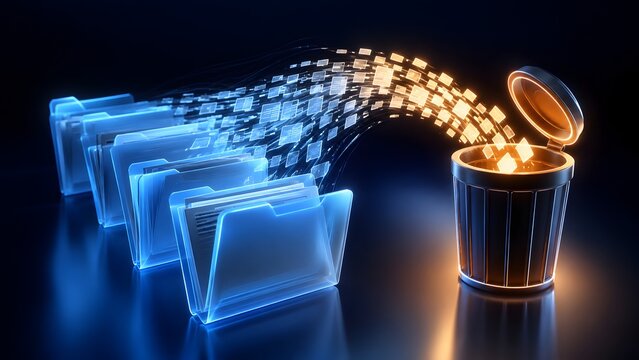 3D glowing digital folders transferring document files into a neon trash bin representing data deletion and storage cleanup
