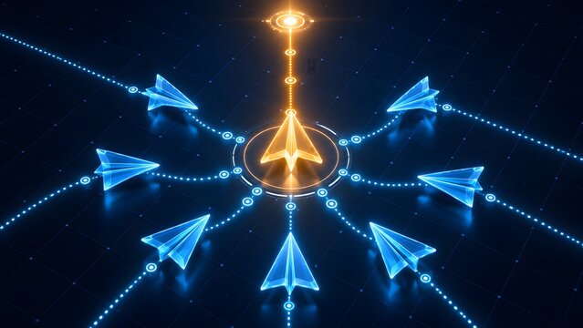 Golden digital paper plane hub connecting to multiple blue planes through glowing network lines representing business communication
