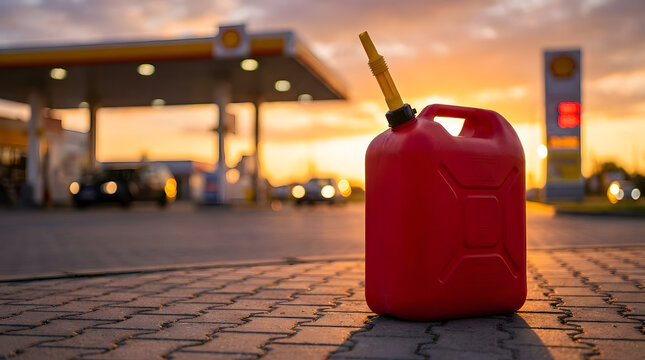 Red Gas Can on Paving Stones in Front of Gas Station | Portable Fuel Canister Sunset Outdoor