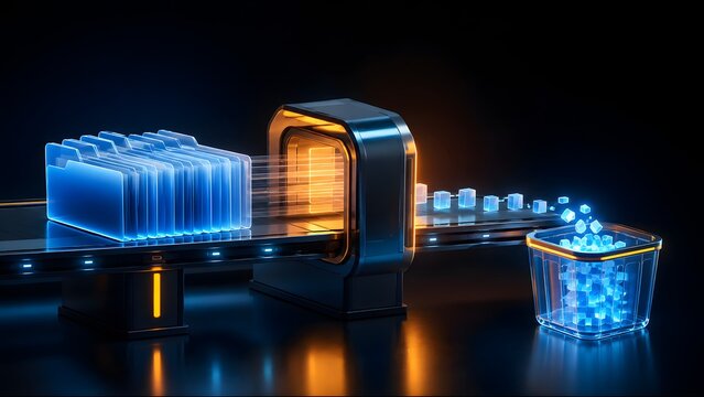 3D render of a digital conveyor machine converting glowing blue folders into data cubes representing file compression and data processing
