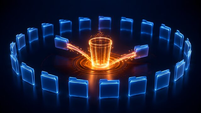 3D render of glowing blue digital folders being pulled into an illuminated orange trash can representing data deletion and system cleanup