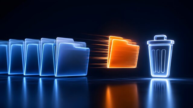Fast motion neon orange digital folder moving into a glowing blue trash bin representing file deletion and data removal